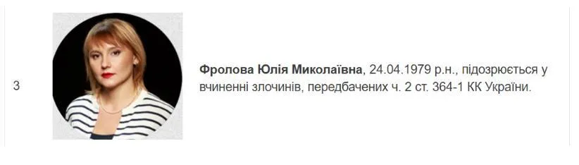 Yulia Frolova is wanted by the NABU website.
