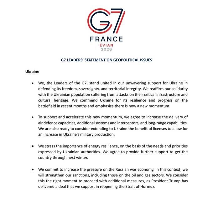 G7 договорилась нарастить военную помощь Украине, включая ПВО и дальнобойные системы qrkidexidduidzrkmp